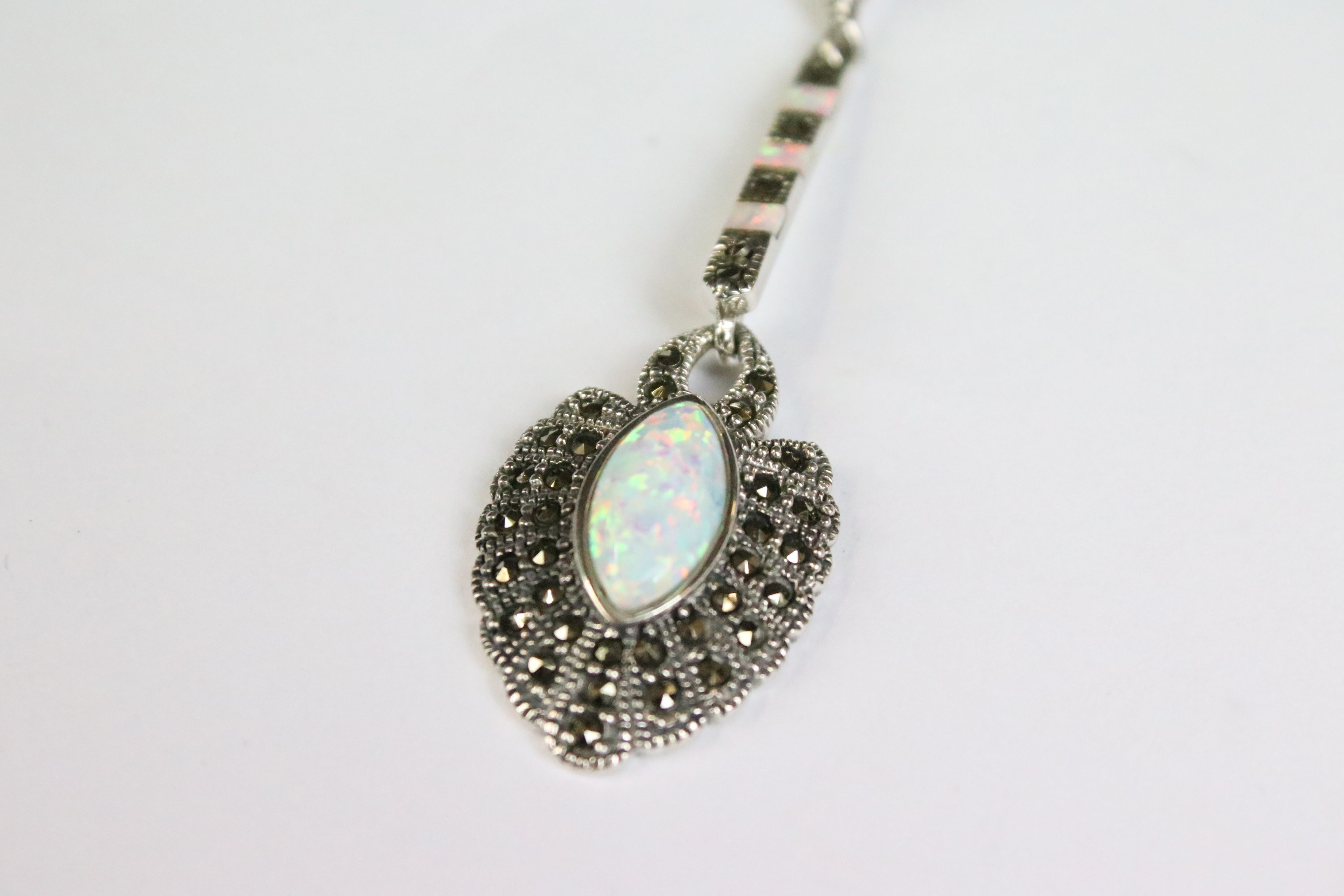 A silver and marcasite necklace set with opal panel - Image 2 of 6