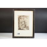 18th century Hogarth framed pen and ink portrait of a lady seated in woodland, 17cm x 13cm
