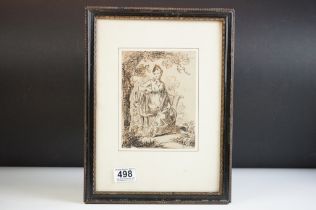 18th century Hogarth framed pen and ink portrait of a lady seated in woodland, 17cm x 13cm