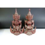 Pair of Burmese Carved Wooden and Red Painted Kneeling Monks in Konbaung Court costume, 40cms high