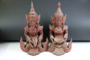 Pair of Burmese Carved Wooden and Red Painted Kneeling Monks in Konbaung Court costume, 40cms high