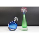 Two Bob Crooks studio art glass bottle vases. The lot to include a frosted green glass perfume