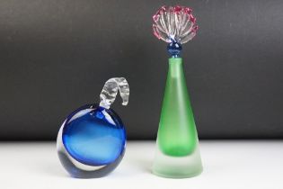 Two Bob Crooks studio art glass bottle vases. The lot to include a frosted green glass perfume