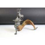 19th century rams horn & pewter candlestick with applied stag detail, raised on a pewter foot,