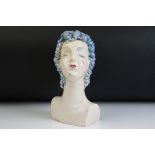 Art Deco ceramic Goldscheider style Bust in the form of a stylised lady with blue curled hair.