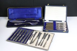 Two cased sets of hallmarked sterling silver handled knives together with a cased silver plated