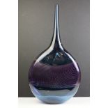 Studio art glass vase by Bob Crooks. The blue vase having a central purple panel with trailed