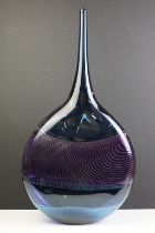 Studio art glass vase by Bob Crooks. The blue vase having a central purple panel with trailed