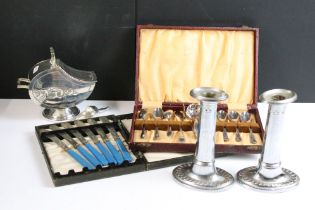 A small collection of mixed silver plate to include candlesticks, sugar bowl in the form of a coal