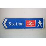 Original train station road sign, blue ground, with British Rail double arrow logo, measures