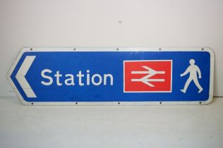 Original train station road sign, blue ground, with British Rail double arrow logo, measures