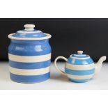 Cornishware T G Green blue and white striped biscuit barrel with lidded top together with a blue and