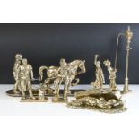 Group of six cast brass figures to include horse & plough, miners and blacksmith. Tallest approx