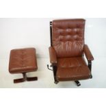 Japanese ‘ Fuji Furniture Co Ltd ‘ Hardwood Easy Swivel Chair and matching Footstool, both with