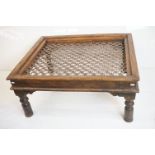 Hardwood Square Coffee Table with iron lattice work top, 81cm wide x 41cm high