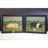 Pair of oil paintings of pigs monogram and dated R.T., each 28cm x 23cm