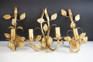 Three gilt foliate design candelabra wall sconces to include one with two branches and two with