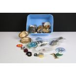 A box of mixed collectables to include enamel badges, button badges, coins, powder compact, spoons