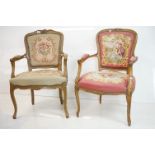 Two similar French Louis XV style Open Elbow Chairs with needlework upholstered backs and seats,