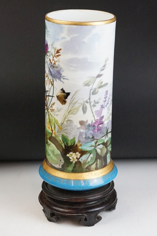 19th Century Victorian painted opaline glass vase. The vase being painted with birds and butterflies - Image 2 of 10