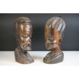 Pair of carved hardwood tribal African heads, depicting a male & female. Tallest approx 30cm