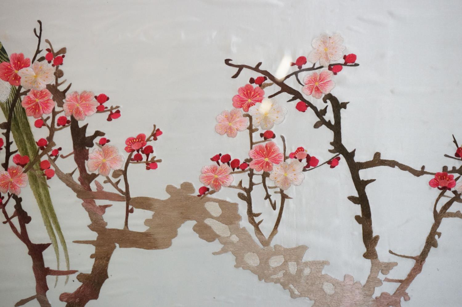 Two Chinese silk embroidered pictures, one decorated with flowers and bamboo and embroidered - Image 5 of 10