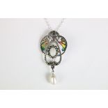 A silver art nouveau style plique a jour pendant brooch