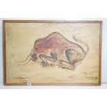 L Santos 20th century pallet oil on canvas depiction of a cave painting of a bull inscribed Cuevas