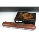 Victorian Black Lacquered Playing Card Box, the hinged lid with chinoiserie style decoration of four