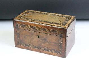 Victorian Tunbridge Ware walnut tea caddy with inlaid banding decoration, the lid opening to two