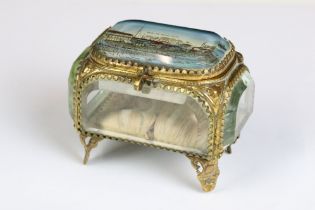 An antique 19th century crystal jewel / trinket casket with hand painted decorative lid of Port