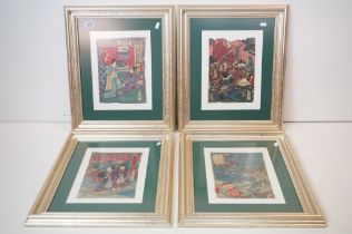 Set of Four Japanese Pictures on Cloth, all with signatures, 19cm x 26cm, framed and glazed