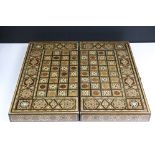 Parquetry inlaid wooden games box, with internal backgammon board and external chess / draughts