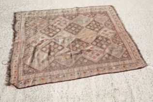 Eastern Shiraz Brown and Cream Ground Wool Rug with geometric design within a border, approx.