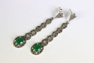 A pair of silver and marcasite drop earrings with jade panels