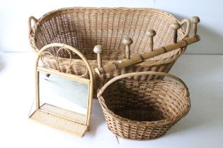 Wicker Linen Basket, another Wicker Basket, Bamboo Framed Mirror and a Set of Wooden Coat Hooks