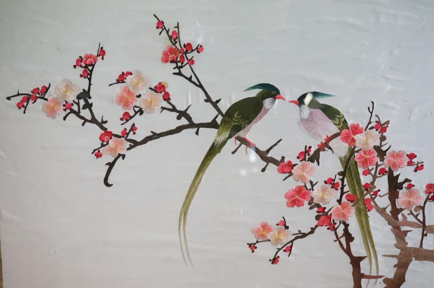 Two Chinese silk embroidered pictures, one decorated with flowers and bamboo and embroidered - Image 4 of 10