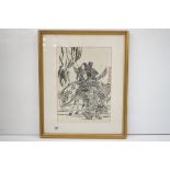 A framed Chinese school signed Chinese stone rubbing picture depicting warriors with horse, 46cm x