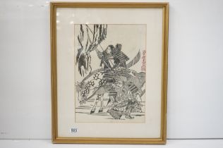 A framed Chinese school signed Chinese stone rubbing picture depicting warriors with horse, 46cm x