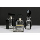 A collection of three Art Deco style scent bottles together with a vanity jar with geometric pattern