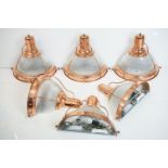 Set of Six Copper Effect Wall Lights with frosted ribbed glass shades, each 36cm wide x 31cm high
