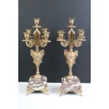 Pair of gilt metal & marble five-light candelabra, the branches in the form of scrolling acanthus