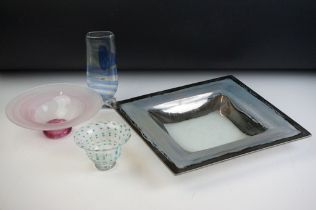 Collection of studio art glass to include a pink and frosted glass bowl signed Jane Charles, a small