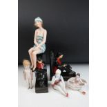 Group of Art Deco and later ceramics to include a pair of Japanese book ends, ballerina pin dish,