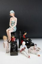 Group of Art Deco and later ceramics to include a pair of Japanese book ends, ballerina pin dish,