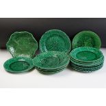 Fifteen 19th Century Victorian Green Majolica Plates including two Wedgwood examples. Most moulded