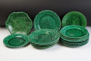 Fifteen 19th Century Victorian Green Majolica Plates including two Wedgwood examples. Most moulded