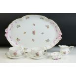 Herend Hungary porcelain tea set for two. The set to include a tray, two cups and saucers, cream jug