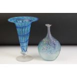 Two studio art glass vases to include a bottle vase with mottled and trailed detailing signed