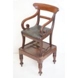 William IV Mahogany Child's High Chair with bar back and scrolling arms, raised on a detachable
